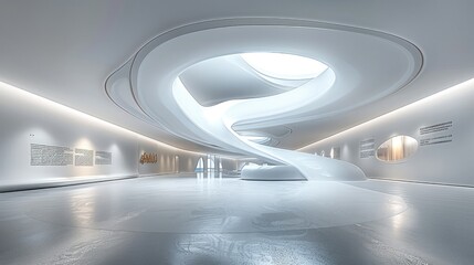 Leinwandbilder - A white curved exhibition hall, the left is the curved exhibition wall, above the graphic information, there is a semi-circular hollow shape in the middle. Generative AI.