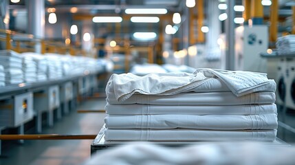 Poster - A high-capacity laundry machine in use, with a background of an organized industrial facility, large piles of clean linens ready for dispatch. Generative AI.