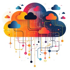 Abstract cloud computing illustration with colorful lines and dots.