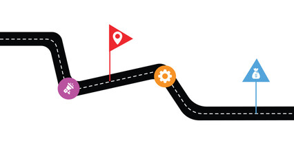 Highway roadmap with pins. Car road direction, gps route pin road trip navigation and roads business infographic.