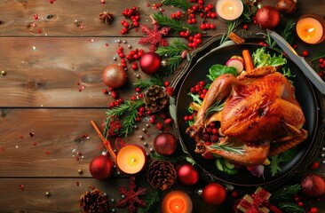 Wall Mural - Beautifully served Christmas platter with large roast turkey, vegetables and salad on elegant black plate, placed on wooden table with scattered decorations. View from above, copy space on left.