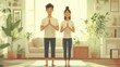 © Arora Chan - A charming vector image of an Asian couple doing morning stretches together in their living room