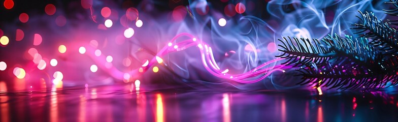 Christmas tree branch and neon lights garland on wet asphalt with colorful bokeh and abstract smoke creating a modern festive background. Christmas background or New Year's backdrop, holiday banner wi