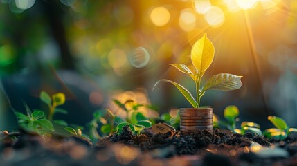 a small green plant sprouting from a pile of coins in the sunlig