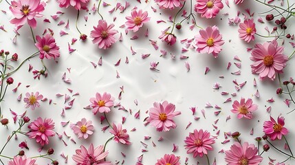 Aufkleber - Small pink daisies scattered throughout the image on a white background. Generative AI.