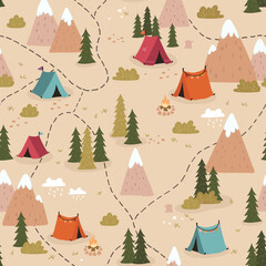 Wall Mural - Cute hand drawn vector seamless pattern with camping doodles, tents, landscape and trails, great for textiles, banners, wallpapers