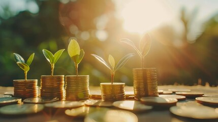 Wall Mural - Young Plants Growing from Stacks of Coins in Sunlight