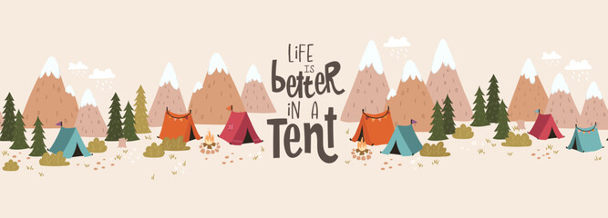 Wall Mural - Cute hand drawn vector seamless pattern with camping doodles, tents, landscape and trails, great for textiles, banners, wallpapers