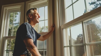 A man adjusts a window with his hand, looking out of the window at the sunny day