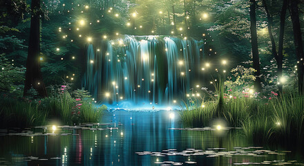 Poster - Night, Stream of fresh water over cascade waterfall, underwater glowing colorful meadow inside deep water swamp inside forest lit by moonlight. Generative AI.