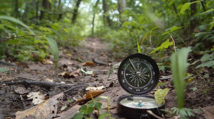  a classic compass resting on the forest floor during the golden hour