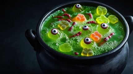 A cauldron of green bubbling punch with gummy worms and eyeball ice cubes