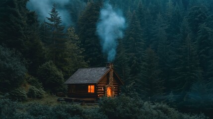 A small, wooden cabin with a warm glow emanating from the windows sits in a dense forest. Smoke rises from the chimney into the twilight sky, suggesting a fire is burning inside