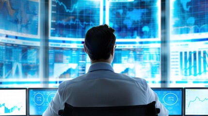 Poster - A financial analyst closely observes stock market data displayed on numerous screens in a contemporary office setting during business hours