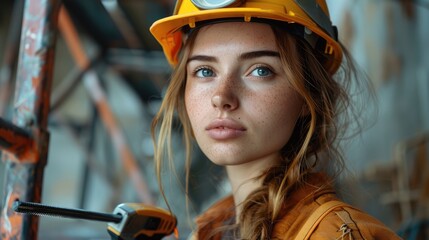 Aufkleber - Female builder with tools at work. Generative AI.
