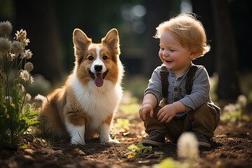 A corgi with a child walks in the park, a warm autumn dog walk in the park, a portrait of a corgi .