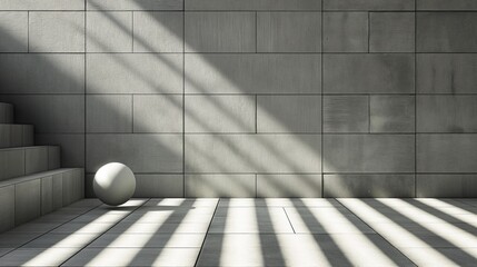 Poster - A minimalist interior features a smooth gray wall and a round geometric sphere, illuminated by natural light creating stark shadows on the floor