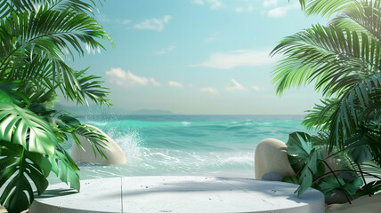 Tropical beach background with podium for product display, Summer concept with sea and palm leaves