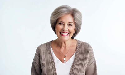 Wall Mural - Group portrait video of a satisfied woman in her 50s that is wearing a chic cardigan against a white background