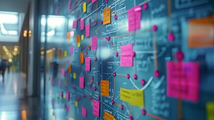 Poster - A whiteboard covered in sticky notes and diagrams displays a visual representation of a concept in a modern office setting