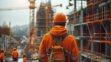 Aufkleber - Construction workers on-site, working diligently, The construction site in the background features a partially built structure with scaffolding, cranes, and piles of building materials. Generative AI.