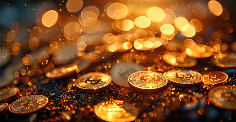 Poster - A heap of shimmering gold coins at the bottom. Generative AI.