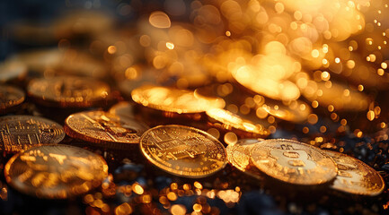 Poster - A heap of shimmering gold coins at the bottom. Generative AI.