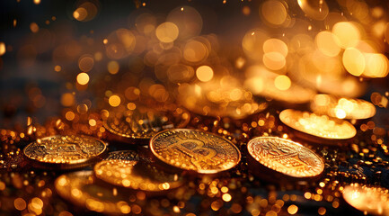 Poster - A heap of shimmering gold coins at the bottom. Generative AI.