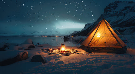 Poster - A camping tent, in a dark night snow beach, with campfire light from inside of it. A camping lantern hanging on the side wall. Generative AI.