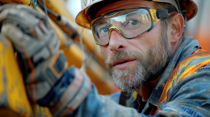 Aufkleber - A construction worker working on site. he is wearing a hard hat, safety glasses, reflective vest, and gloves. Generative AI.