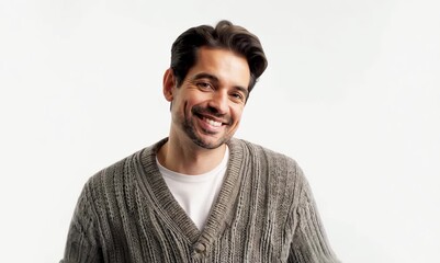 Poster - Medium shot portrait video of a grinning man in his 40s that is wearing a chic cardigan against a white background