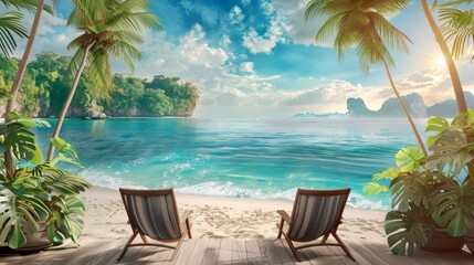 A beautiful beach scene with two beach chairs facing the ocean