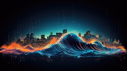 Wall Mural - Fluorescent waves with a tech background