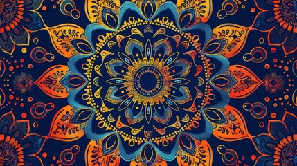 Wall Mural - Intricate blue, orange and yellow floral mandala pattern.