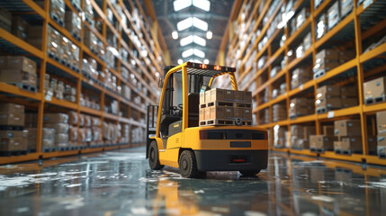 Aufkleber - A prominently large yellow stand-up forklift, carrying a full load of boxes, in a grocery warehouse filled with shelves. Generative AI.
