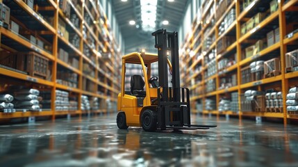 Aufkleber - A prominently large yellow stand-up forklift, carrying a full load of boxes, in a grocery warehouse filled with shelves. Generative AI.