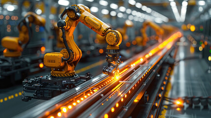 Sticker - Automatic robotic arm machinery in smart industrial factories, welding robots and digital production processes