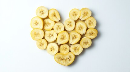 Banana slices arranged in a heart shape isolated on white background, full depth of field