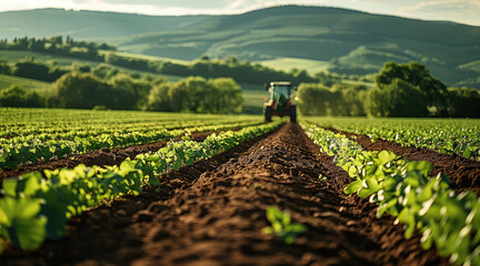 Leinwandbilder - In the foreground is a cultivator with a detailed green field in the background. Generative AI.