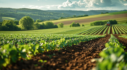 Leinwandbilder - In the foreground is a cultivator with a detailed green field in the background. Generative AI.