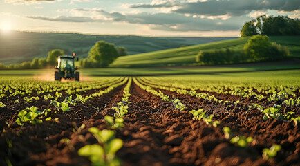 Leinwandbilder - In the foreground is a cultivator with a detailed green field in the background. Generative AI.