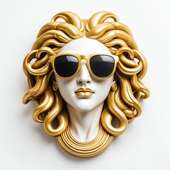 Wall Mural - gold medusa head statue with sunglasses 3d art logo in plain white background design digital artwork 288