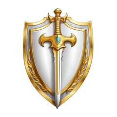 Wall Mural - gold sword and shield 3d art logo in plain white background design digital artwork 296