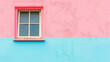 © SARATSTOCK - Window on a building wall, pastel bright colors. Wooden frame window on the pastel pink and blue house, creative and symmetrical architecture.