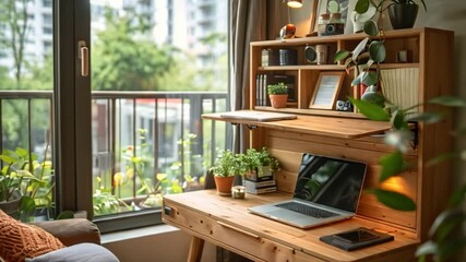 Poster - A wooden desk with a laptop and a few plants sits next to a window in a small apartment.