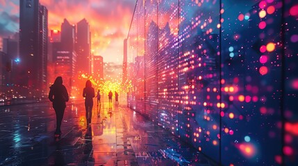 Sticker - Cityscape with Silhouettes and Neon Lights