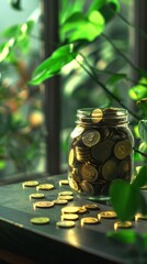 Glass jar filled with gold coins on a table with coins spilling