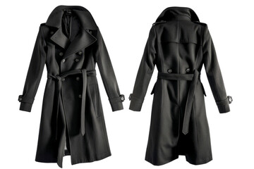 Elegant autumn trench coat in black layout, front and back, isolated on white