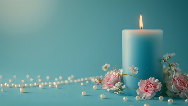 Burning blue candle with a flower on a blue background design