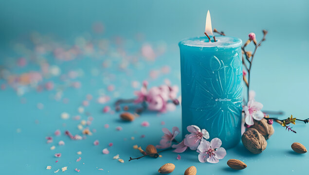Burning blue candle with a flower on a blue background design